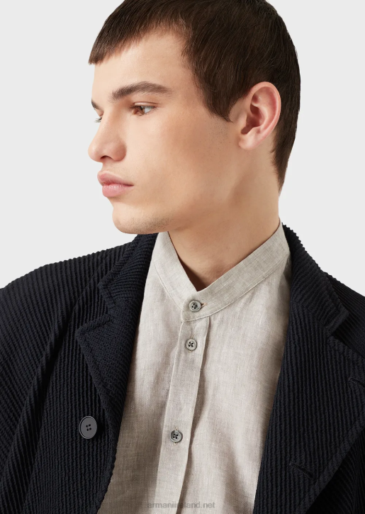 Men 086V1140 Modern-Fit, Linen Chambray, Guru-Collar Shirt Armani