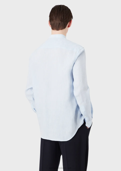 Men 086V1141 Modern-Fit, Linen Chambray, Guru-Collar Shirt Armani Azure