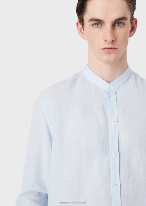 Men 086V1141 Modern-Fit, Linen Chambray, Guru-Collar Shirt Armani Azure