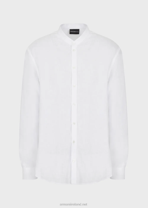 Men 086V1142 Modern-Fit, Linen Chambray, Guru-Collar Shirt Armani White