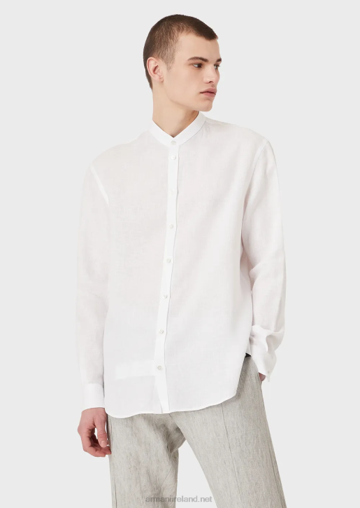 Men 086V1142 Modern-Fit, Linen Chambray, Guru-Collar Shirt Armani White