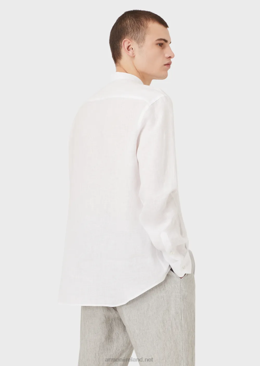 Men 086V1142 Modern-Fit, Linen Chambray, Guru-Collar Shirt Armani White