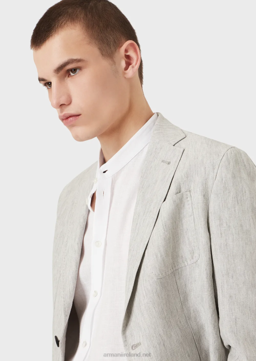 Men 086V1142 Modern-Fit, Linen Chambray, Guru-Collar Shirt Armani White