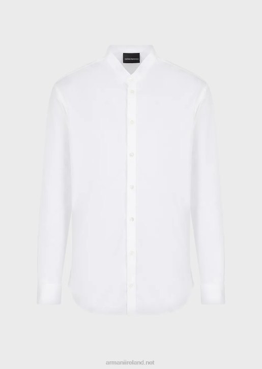Men 086V1143 Stretch Satin, Guru-Collared, Modern-Fit Shirt Armani White