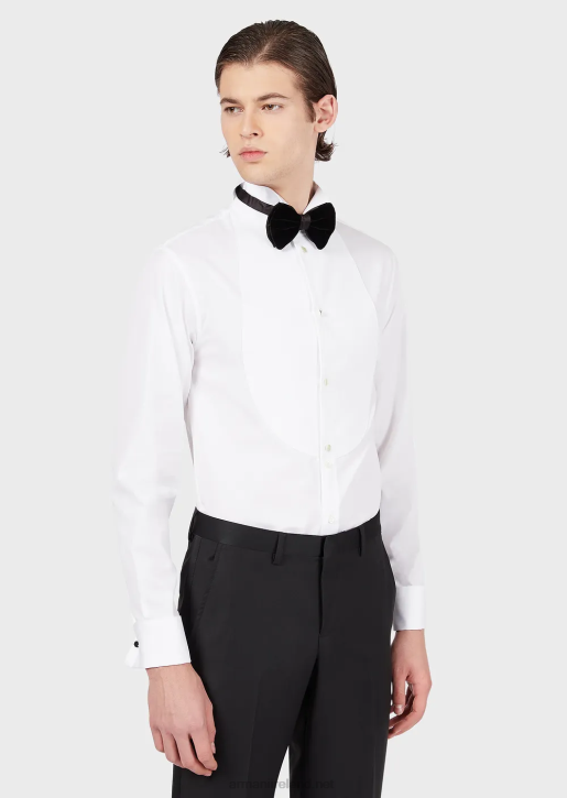 Men 086V1147 Poplin Shirt With Bib Front In A Honeycomb Weave Armani White
