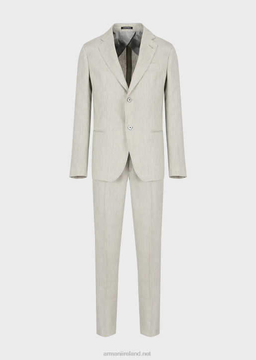 Men 086V1460 Modern-Fit Single-Breasted Suit In Crease-Resistant Faded Linen Armani Light Gray