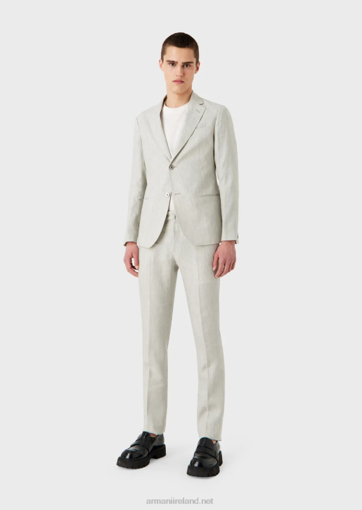 Men 086V1460 Modern-Fit Single-Breasted Suit In Crease-Resistant Faded Linen Armani Light Gray