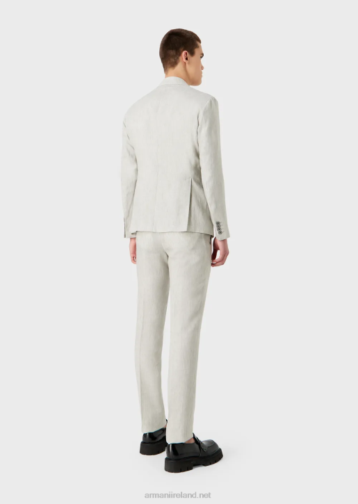 Men 086V1460 Modern-Fit Single-Breasted Suit In Crease-Resistant Faded Linen Armani Light Gray