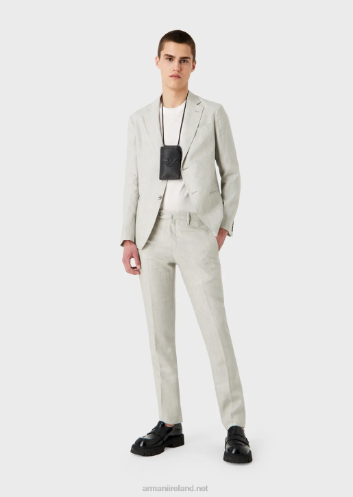 Men 086V1460 Modern-Fit Single-Breasted Suit In Crease-Resistant Faded Linen Armani Light Gray