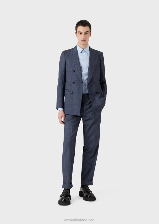 Men 086V1463 Slim-Fit Double-Breasted Suit In A Denim-Effect Ultra-Light Wool And Silk Armani Blue