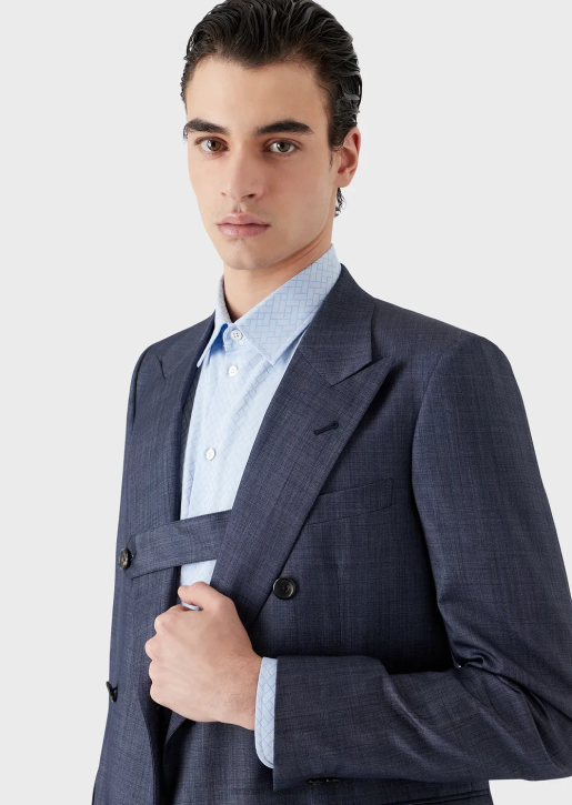 Men 086V1463 Slim-Fit Double-Breasted Suit In A Denim-Effect Ultra-Light Wool And Silk Armani Blue