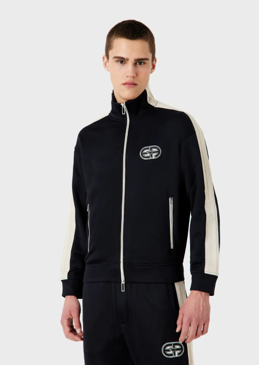 Men 086V1376 Full-Zip Sweatshirt In Jersey With Stripes And Ea Patch Armani Navy Blue