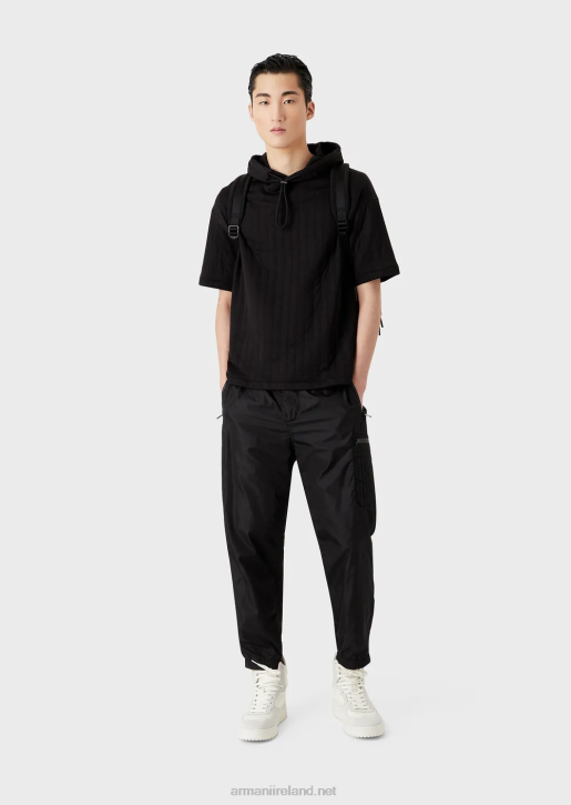 Men 086V1427 Short-Sleeved Hooded Sweatshirt In Quilted Jersey Armani Black