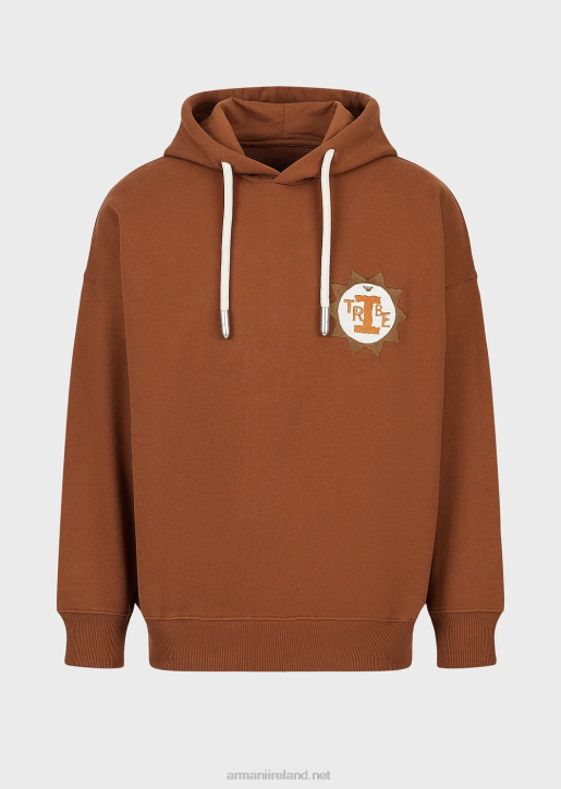 Men 086V1432 Sustainable Collection Hooded Sweatshirt With Patch In Peachskin Organic Cotton Armani Camel