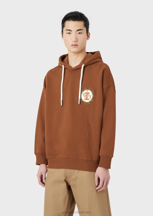 Men 086V1432 Sustainable Collection Hooded Sweatshirt With Patch In Peachskin Organic Cotton Armani Camel