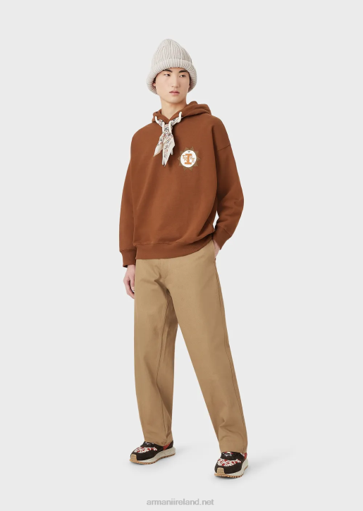Men 086V1432 Sustainable Collection Hooded Sweatshirt With Patch In Peachskin Organic Cotton Armani Camel
