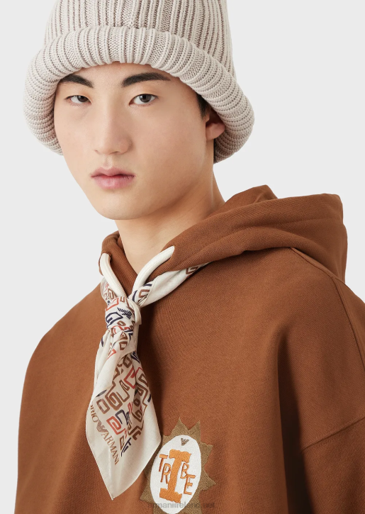 Men 086V1432 Sustainable Collection Hooded Sweatshirt With Patch In Peachskin Organic Cotton Armani Camel