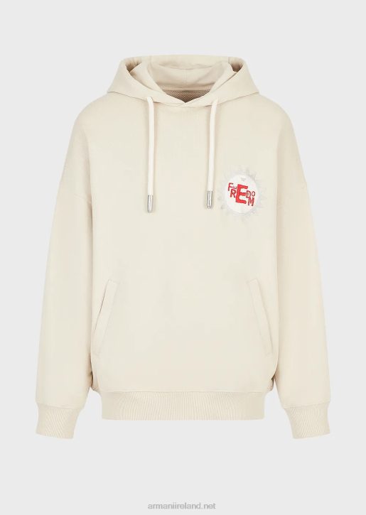 Men 086V1433 Sustainable Collection Hooded Sweatshirt With Patch In Peachskin Organic Cotton Armani Beige