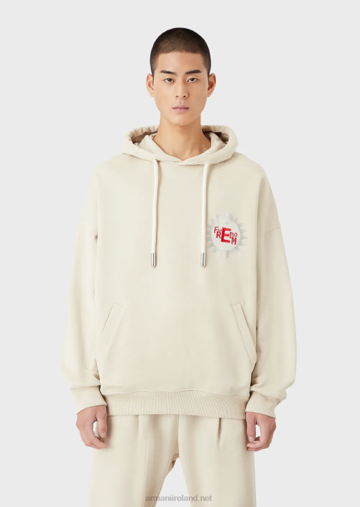 Men 086V1433 Sustainable Collection Hooded Sweatshirt With Patch In Peachskin Organic Cotton Armani Beige