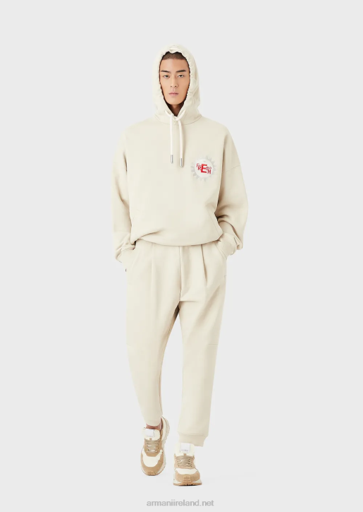 Men 086V1433 Sustainable Collection Hooded Sweatshirt With Patch In Peachskin Organic Cotton Armani Beige