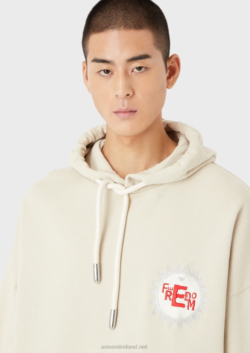 Men 086V1433 Sustainable Collection Hooded Sweatshirt With Patch In Peachskin Organic Cotton Armani Beige