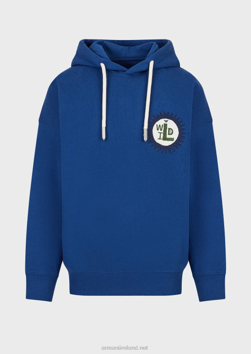 Men 086V1434 Sustainable Collection Hooded Sweatshirt With Patch In Peachskin Organic Cotton Armani Blue