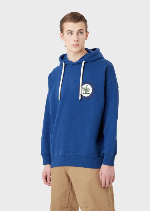 Men 086V1434 Sustainable Collection Hooded Sweatshirt With Patch In Peachskin Organic Cotton Armani Blue