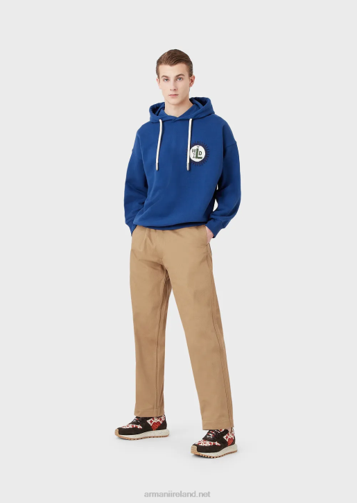 Men 086V1434 Sustainable Collection Hooded Sweatshirt With Patch In Peachskin Organic Cotton Armani Blue