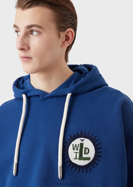 Men 086V1434 Sustainable Collection Hooded Sweatshirt With Patch In Peachskin Organic Cotton Armani Blue