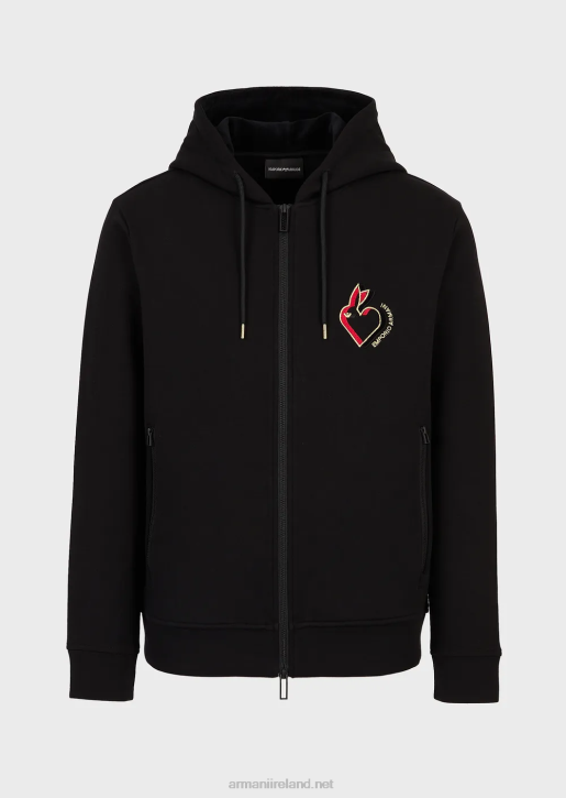 Men 086V1444 Double-Jersey Hooded Zip-Up Sweatshirt With Rabbit Embroidery Armani Black