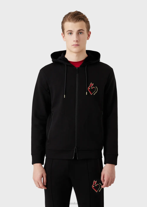 Men 086V1444 Double-Jersey Hooded Zip-Up Sweatshirt With Rabbit Embroidery Armani Black