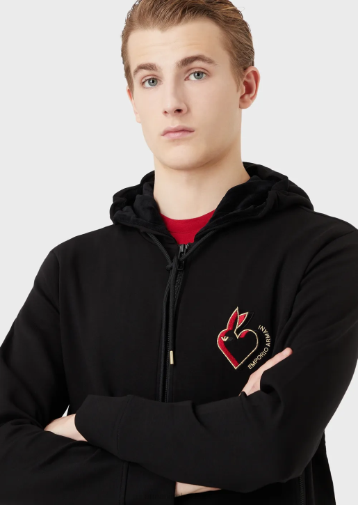 Men 086V1444 Double-Jersey Hooded Zip-Up Sweatshirt With Rabbit Embroidery Armani Black