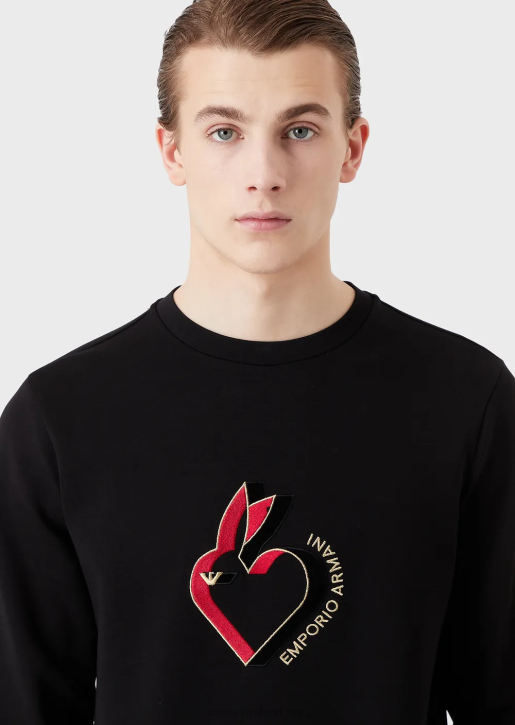 Men 086V1445 Double-Jersey Sweatshirt With Rabbit Embroidery Armani Black