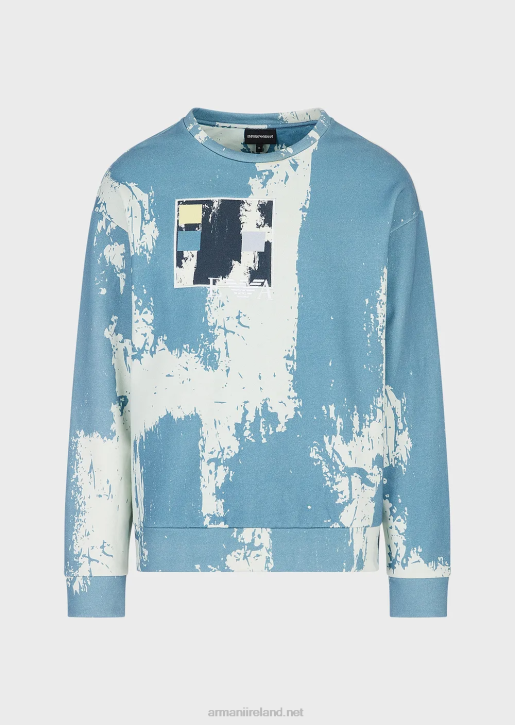 Men 086V1572 All-Over Ink Print Sweatshirt With Logo Embroidery Armani Azure