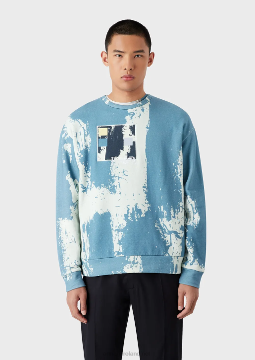 Men 086V1572 All-Over Ink Print Sweatshirt With Logo Embroidery Armani Azure