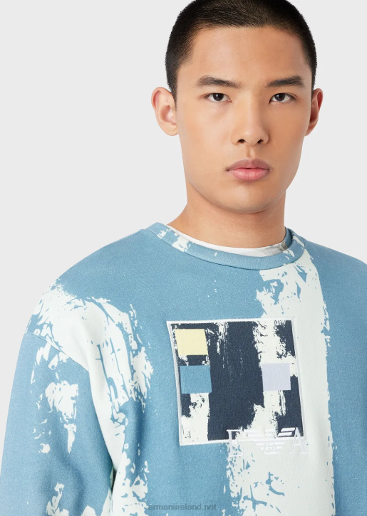 Men 086V1572 All-Over Ink Print Sweatshirt With Logo Embroidery Armani Azure
