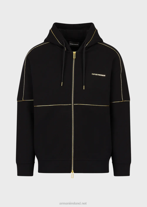 Men 086V1581 Double-Jersey Hooded Zip-Up Sweatshirt With Gold Details And Logo Armani Black