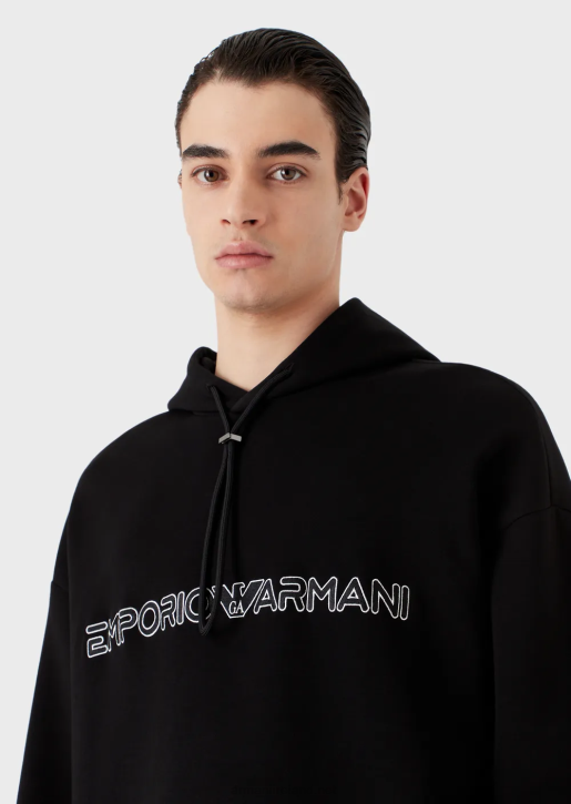 Men 086V1586 Double Jersey Hooded Sweatshirt With Embroidered Logo Armani Black