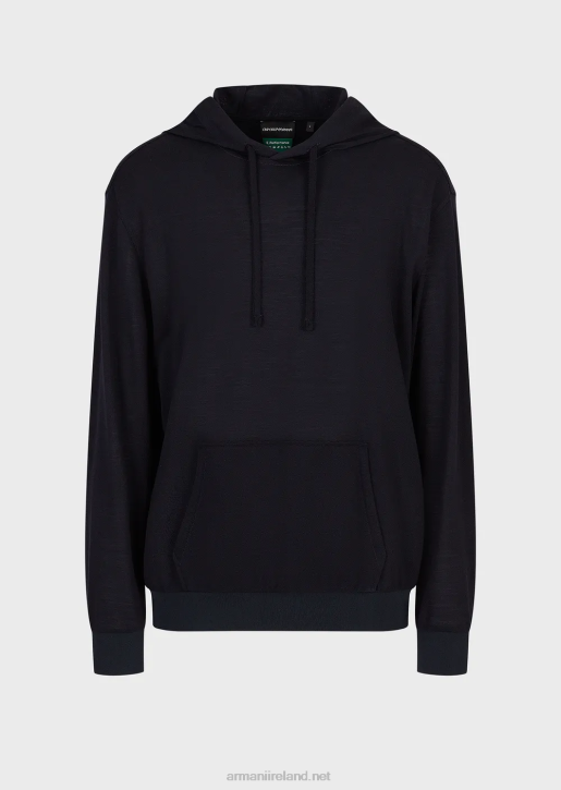 Men 086V1589 Hooded Jumper In A Eucalyptus Wool-Blend Pique Armani Navy Blue