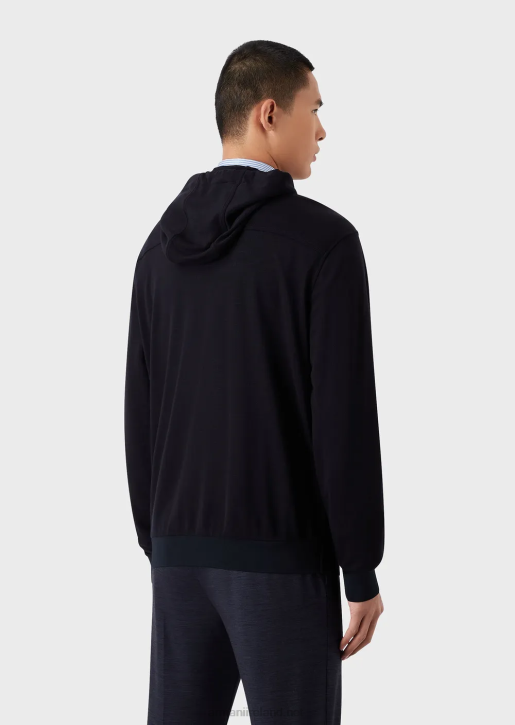 Men 086V1589 Hooded Jumper In A Eucalyptus Wool-Blend Pique Armani Navy Blue