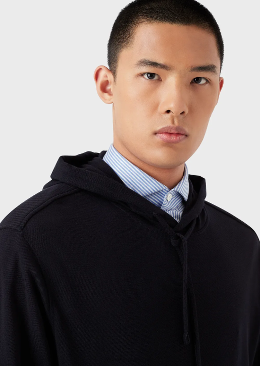 Men 086V1589 Hooded Jumper In A Eucalyptus Wool-Blend Pique Armani Navy Blue