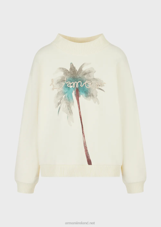 Men 086V1590 Sweatshirt With Palm Tree Print And L'Amour Embroidery Armani White