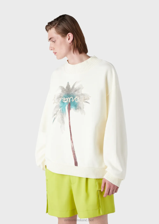Men 086V1590 Sweatshirt With Palm Tree Print And L'Amour Embroidery Armani White