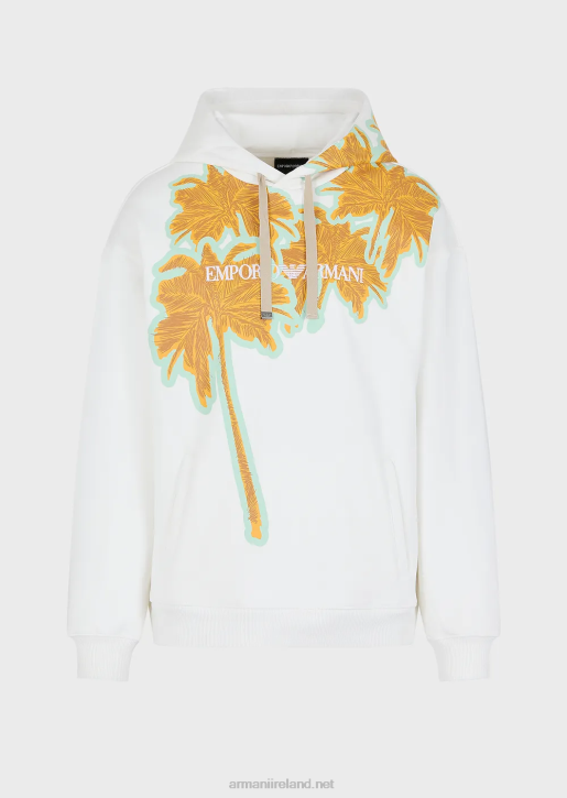 Men 086V1591 Hooded Sweatshirt In Soft Cotton With A Palm-Tree Print And Logo Armani White