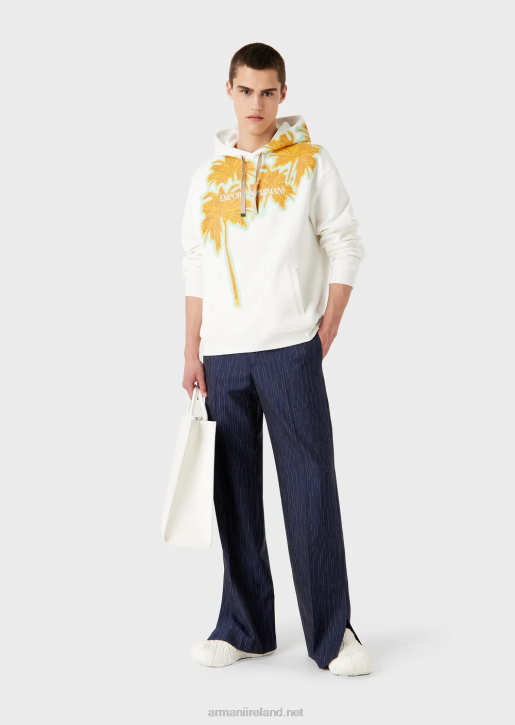Men 086V1591 Hooded Sweatshirt In Soft Cotton With A Palm-Tree Print And Logo Armani White