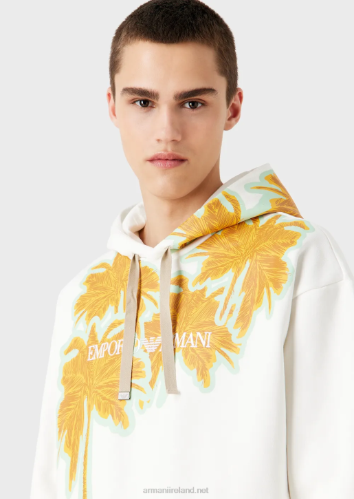 Men 086V1591 Hooded Sweatshirt In Soft Cotton With A Palm-Tree Print And Logo Armani White