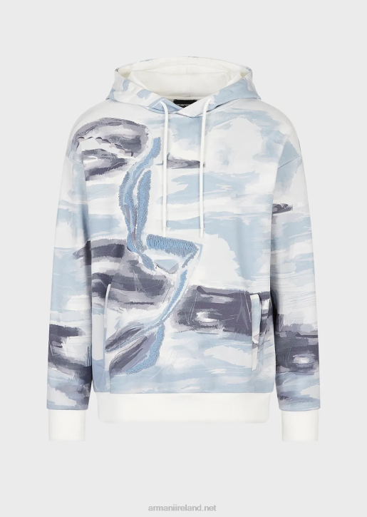 Men 086V1592 Hooded Sweatshirt With Watercolour Print And Merman Embroidery Armani Pattern