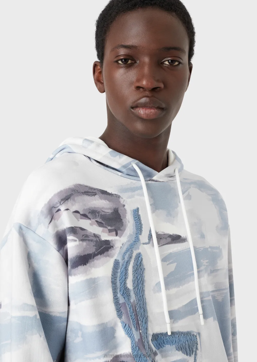 Men 086V1592 Hooded Sweatshirt With Watercolour Print And Merman Embroidery Armani Pattern