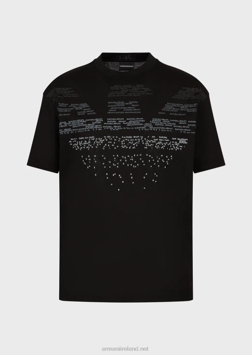 Men 086V1603 Mercerised Jersey T-Shirt With Rubberised Lettering Pattern Oversized Eagle Armani Black