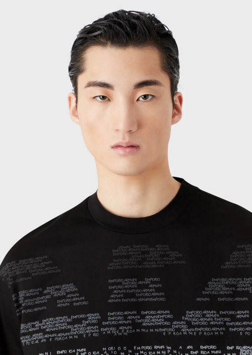 Men 086V1603 Mercerised Jersey T-Shirt With Rubberised Lettering Pattern Oversized Eagle Armani Black